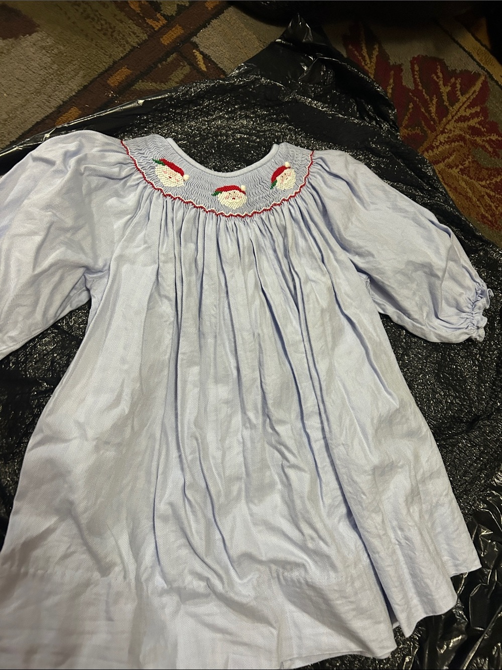 Light Blue Smocked Kids Dress  with Santa Embroidery